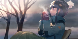 Rule 34 | 1girl, bare tree, beanie, black hat, blue eyes, blue hair, blush, hat, highres, jacket, long hair, long sleeves, minawa, mittens, open mouth, pom pom (clothes), red mittens, shima rin, sidelocks, sitting, solo, tree, yurucamp