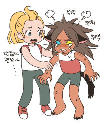 Rule 34 | 2girls, adora, adora (she-ra), alternate age, animal ears, blonde hair, blue eyes, blush, brown hair, cat ears, cat girl, cat tail, catra, claws, crying, fknm29, freckles, heterochromia, highres, masters of the universe, messy hair, multiple girls, ponytail, she-ra, she-ra and the princesses of power, simple background, tail, white background, yellow eyes
