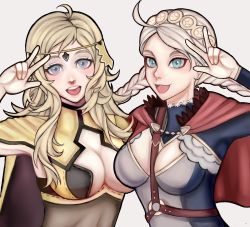 Rule 34 | 2girls, absurdres, ahoge, asymmetrical bangs, between breasts, blonde hair, blue eyes, braid, breasts, chest harness, circlet, cleavage, commission, commissioner upload, fire emblem, fire emblem fates, grey eyes, harness, highres, kitsizz, leather strap, long hair, looking at viewer, medium breasts, multiple girls, nina (fire emblem), nintendo, non-web source, open mouth, ophelia (fire emblem), twin braids, upper body, v, white hair