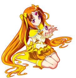 Rule 34 | 10s, 1girl, boots, bow, brooch, bubble skirt, choker, circlet, cure muse, cure muse (yellow), dodory, dress, frills, hair ribbon, heart, high heel boots, high heels, holding, jewelry, knee boots, long hair, magical girl, orange hair, orange skirt, precure, red eyes, ribbon, shirabe ako, shoes, sitting, skirt, smile, solo, suite precure, wariza, white background, yellow dress, yone