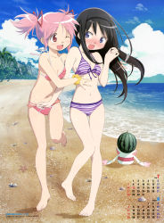 Rule 34 | 10s, 2girls, :3, :o, ;d, absurdres, akemi homura, august, barefoot, beach, bikini, black hair, blindfold, blue eyes, blush, breasts, buried, calendar, cleavage, cliff, cloud, day, embarrassed, eye contact, feet, food, frilled bikini, frills, front-tie top, fruit, hair ribbon, hairband, hand on another&#039;s stomach, highres, hug, huge filesize, jewelry, july, kaname madoka, kyubey, legs, long hair, looking at another, mahou shoujo madoka magica, mahou shoujo madoka magica (anime), mahou shoujo madoka magica movie 1 &amp; 2, multiple girls, navel, nyantype, object on head, ocean, official art, one eye closed, open mouth, outdoors, pale skin, palm tree, pink eyes, pink hair, polka dot, polka dot bikini, polka dot swimsuit, purple bikini, purple eyes, red bikini, red eyes, ribbon, ring, scan, scrunchie, seashell, shell, shiny skin, short hair, short twintails, side-tie bikini bottom, sky, small breasts, smile, standing, standing on one leg, starfish, striped bikini, striped clothes, suikawari, surprised, swimsuit, thigh gap, toes, tree, twintails, water, watermelon, wavy mouth, wink, wrist scrunchie, wristband, yamamura hiroki, yuri