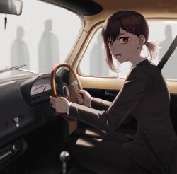 Rule 34 | 1girl, 4others, black hair, car interior, chainsaw man, formal, hair ornament, hairclip, higashiyama kobeni, kamille (vcx68), kobeni&#039;s car (chainsaw man), looking at viewer, mole, mole under eye, mole under mouth, multiple others, open mouth, ponytail, red eyes, sitting, solo focus, suit, sweat, teeth