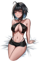 Rule 34 | 1girl, absurdres, ahoge, arm support, bare shoulders, bed sheet, black choker, black hair, black shorts, blue hair, blush, borrowed character, breasts, brown eyes, choker, closed mouth, colored inner hair, commentary, cropped legs, ear piercing, earrings, english commentary, expressionless, eyelashes, hair ornament, hairclip, highleg, highleg panties, highres, irene (kanniiepan), jewelry, large breasts, looking at viewer, midriff, mole, mole on cheek, multicolored hair, navel, o-ring, o-ring top, original, panties, piercing, short hair, short shorts, shorts, simple background, sitting, solo, string panties, twitter username, two-tone hair, underwear, white background, wonnikon