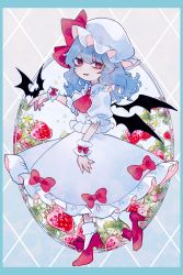Rule 34 | 1girl, absurdres, ascot, bat (animal), bat wings, black wings, blue hair, bobby socks, bow, brooch, collared shirt, commentary request, dress bow, floral background, flower, food, frilled shirt collar, frills, fruit, full body, gem, hat, hat ribbon, high heels, highres, jewelry, katai (nekoneko0720), long hair, looking at viewer, mob cap, open mouth, puffy short sleeves, puffy sleeves, red ascot, red bow, red eyes, red footwear, red gemstone, red ribbon, remilia scarlet, ribbon, shirt, short sleeves, skirt, smile, socks, solo, strawberry, touhou, wavy hair, white hat, white shirt, white skirt, white socks, wings, wrist cuffs