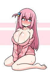 Rule 34 | 1girl, alternate breast size, blush, bocchi the rock!, breasts, commentary, cube hair ornament, english commentary, flying sweatdrops, frown, full body, gotoh hitori, hair ornament, highres, huge breasts, ink (inksgirls), jacket, nervous sweating, off shoulder, one side up, pink jacket, sitting, solo, sweat, track jacket, wariza, wavy mouth
