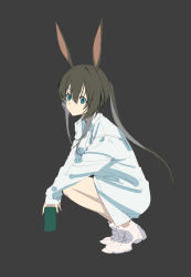 Rule 34 | 1girl, absurdres, amiya (arknights), animal ears, arknights, blue eyes, brown background, brown hair, rabbit ears, full body, hair between eyes, highres, holding, looking at viewer, olys, ponytail, shirt, shoes, short hair with long locks, simple background, solo, squatting, white footwear, white shirt