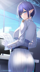 Rule 34 | 1girl, aoi (blue archive), ass, blue archive, blue eyes, blue hair, blue halo, blurry, blurry background, blush, breasts, cropped jacket, earrings, gloves, halo, highres, holding, holding paper, indoors, ironatsuki, jacket, jewelry, long skirt, long sleeves, medium breasts, monitor, paper, parted lips, pleated skirt, pointy ears, short hair, skirt, solo, twitter username, white gloves, white jacket, white skirt