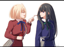 Rule 34 | 2girls, arms at sides, belt, black hair, blonde hair, blue belt, blue dress, blue ribbon, bob cut, closed eyes, collared shirt, commentary request, cowboy shot, dress, expressionless, facing another, food, food in mouth, green ribbon, grey dress, hands up, highres, holding, holding food, holding pocky, inoue takina, kage ochi, long hair, long sleeves, looking at another, lycoris recoil, lycoris uniform, multiple girls, neck ribbon, nishikigi chisato, open mouth, pleated dress, pocky, pocky in mouth, purple eyes, red dress, ribbon, shirt, short hair, simple background, smile, standing, two-tone dress, white background, white shirt