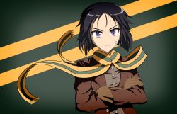 Rule 34 | 10s, 1girl, bandages, bandage on face, black hair, brave witches, crossed arms, gloves, jatts, kanno naoe, military, military uniform, purple eyes, scarf, short hair, simple background, solo, strike witches, uniform, world witches series