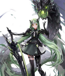 Rule 34 | 1girl, cropped, daeraeband, dress, green dress, green eyes, green hair, highres, holding, holding sword, holding weapon, long hair, looking at viewer, original, parted lips, prosthesis, prosthetic arm, prosthetic leg, single thighhigh, solo, standing, sword, thighhighs, weapon, white background
