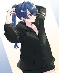 Rule 34 | 1girl, black jacket, blue eyes, blue hair, blush, collarbone, commentary request, dark blue hair, hair tie, hair tie in mouth, highres, jacket, kanduki kamibukuro, light blush, link! like! love live!, long hair, long sleeves, looking to the side, love live!, mouth hold, murano sayaka, naked jacket, partially unzipped, ponytail, solo, tying hair, upper body