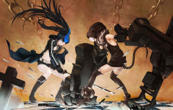 Rule 34 | 10s, 2girls, battle, bikini, bikini top only, black hair, black rock shooter, black rock shooter (character), blue eyes, boots, cannon, chain, coat, glowing, glowing eye, glowing eyes, hood, hoodie, kome (okome-smile), long hair, mechanical arms, midriff, multiple girls, navel, scar, short hair, shorts, single mechanical arm, strength (black rock shooter), swimsuit, sword, tail, thighhighs, twintails, weapon, white hair, yellow eyes