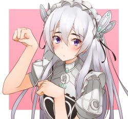 Rule 34 | 1girl, :/, blush, border, chaika trabant, clenched hands, closed mouth, commentary request, grey hair, hair between eyes, hairband, hechi (hechi322), hitsugi no chaika, lolita hairband, long hair, looking at viewer, outside border, paw pose, puffy short sleeves, puffy sleeves, purple eyes, short sleeves, solo, thick eyebrows, upper body