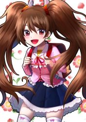 Rule 34 | 1boy, androgynous, artist request, bag, big hair, blush, brown hair, frilled skirt, frills, happy, long hair, looking at viewer, mary janes, open mouth, pink eyes, pleated skirt, school bag, shiny skin, shoes, simple background, skirt, smile, solo, taimanin (series), taimanin asagi, taimanin rpgx, thighhighs, trap, twintails, uehara shikanosuke, very long hair, white thighhighs
