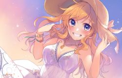 Rule 34 | 10s, 1girl, armpits, blonde hair, blue eyes, blush, bracelet, breasts, cleavage, collarbone, hat, hazuki (nature.), idolmaster, idolmaster cinderella girls, jewelry, large breasts, long hair, looking at viewer, necklace, ohtsuki yui, parted lips, smile, solo, teeth