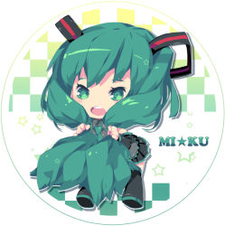 Rule 34 | 1girl, bad id, bad pixiv id, character name, chibi, detached sleeves, green eyes, green hair, hatsune miku, holding, holding hair, long hair, matching hair/eyes, mhz, necktie, open mouth, skirt, solo, thighhighs, twintails, very long hair, vocaloid