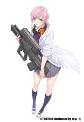 Rule 34 | 1girl, airburst grenade launcher, alliant techsystems, artist name, blue shirt, borrowed character, bullpup, candy, coat, computerized scope, crimson (cxrss377), ear protection, earmuffs, eating, food, grenade launcher, gun, hair ornament, hairclip, heckler &amp; koch, holding, holding gun, holding weapon, l-3 ios brashear, lab coat, little armory, lollipop, long gun, looking at viewer, military program, official art, oicw increment 2 (military program), oicw increments (military program), oizumi ren, orbital atk, original, pink hair, precision-guided firearm, prototype design, purple eyes, ribbon, scientist, scope, semi-automatic firearm, semi-automatic grenade launcher, shirt, sight (weapon), signature, skirt, smart scope, smile, snack, telescopic sight, tomytec, weapon, white background, xm104 (smart scope), xm25 cdte
