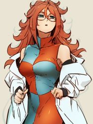 Rule 34 | 1girl, android 21, beige background, black nails, blue eyes, breasts, checkered clothes, checkered dress, detached sleeves, dragon ball, dragon ball fighterz, dress, glasses, hair between eyes, kemachiku, lab coat, long hair, looking to the side, medium breasts, nail polish, red hair, simple background, solo