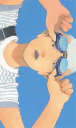 Rule 34 | 1boy, arms up, blue background, goggles, highres, kan0nakan0, looking at viewer, original, shirt, short sleeves, sideways, simple background, solo, striped clothes, striped shirt, swim cap, white headwear