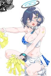 Rule 34 | 1girl, bare shoulders, blue archive, blue hair, blush, bracelet, breasts, cheerleader, chihiro (blue archive), clearite, cleavage, criss-cross halter, dark blue hair, glasses, grey eyes, halo, halterneck, holding, holding pom poms, jewelry, kneehighs, large breasts, looking at viewer, millennium cheerleader outfit (blue archive), miniskirt, navel, open mouth, pleated skirt, pom pom (cheerleading), pom poms, shoes, short hair, skirt, sneakers, socks, solo, sports bra, squatting, sweat, thighs, white skirt