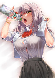 Rule 34 | 1girl, arms up, black bra, black skirt, blonde hair, bottle, bow, bowtie, bra, bracelet, breasts, button gap, commentary request, from below, highres, holding, holding bottle, jewelry, kawai (purplrpouni), large breasts, long hair, looking at viewer, looking down, nail polish, open mouth, original, pink nails, pouring, pouring onto self, red bow, red bowtie, school uniform, see-through, shirt, short sleeves, silver hair, skirt, solo, tongue, tongue out, towel, towel around neck, underwear, upper body, water bottle, wet, wet clothes, wet shirt, white shirt