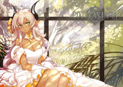 Rule 34 | 1girl, bare shoulders, blush, breasts, cleavage, dark skin, dark-skinned female, demon girl, detached collar, dress, female focus, gloves, green eyes, hair ribbon, highres, horns, large breasts, light purple hair, long hair, looking at viewer, pixiv fantasia, pixiv fantasia t, pointy ears, realmbw, ribbon, sitting, solo, tree, white dress, white gloves