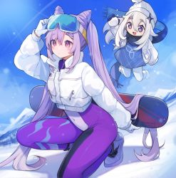 Rule 34 | 2girls, arm up, blush, commentary request, cone hair bun, floating hair, genshin impact, gloves, goggles, goggles on head, hair bun, highres, holding, holding snowball, jacket, keqing (genshin impact), keqing (winter olympics) (genshin impact), long hair, long sleeves, looking at viewer, multiple girls, on one knee, paimon (genshin impact), parted lips, pink eyes, puffy long sleeves, puffy sleeves, purple hair, snowball, twintails, very long hair, white gloves, white jacket, yenkoes