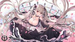 Rule 34 | 1girl, ayamy, azur lane, bare shoulders, black bow, black dress, blush, bow, breasts, brown hair, cleavage, closed mouth, collarbone, commentary request, copyright name, corset, detached collar, dress, flower, formidable (azur lane), frilled dress, frills, from above, hair bow, heart, heart in eye, highres, large breasts, long hair, long sleeves, looking at viewer, looking up, official art, petals, pink flower, pink rose, railing, red eyes, rose, rose petals, skirt hold, solo, symbol in eye, twintails, very long hair