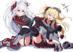 Rule 34 | 2girls, admiral hipper (azur lane), azur lane, bike shorts, bike shorts under skirt, black panties, black shorts, black thighhighs, blonde hair, blush, buttons, closed eyes, commission, double-breasted, feathers, garter straps, grey hair, long hair, long sleeves, multiple girls, open mouth, orange eyes, panties, pixiv commission, prinz eugen (azur lane), shoes, shoes removed, short shorts, shorts, shorts under skirt, simple background, sitting, smile, solo, spread legs, thighhighs, tickling, toro yurei, two side up, underwear, white background