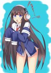 Rule 34 | 1girl, azur lane, black hair, blue eyes, blunt bangs, blush, bottomless, frown, gluteal fold, headphones, iseshi, jacket, long hair, long island (azur lane), long sleeves, looking at viewer, necktie, off shoulder, open mouth, red necktie, shirt, sleeves past fingers, sleeves past wrists, solo, translation request, very long hair