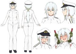 Rule 34 | alcohol, blush, bottle, expressions, female admiral (kancolle), gloves, hair between eyes, hat, highres, kantai collection, long hair, military, military uniform, naval uniform, open mouth, peaked cap, simple background, smile, sweat, takaman (gaffe), uniform, white background
