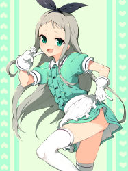 Rule 34 | 1boy, :3, :d, apron, aqua dress, aqua eyes, black hairband, blend s, center frills, clothes lift, collared dress, crossdressing, dress, dress lift, frills, furrowed brow, gloves, hairband, heart, kanzaki hideri, lifted by self, long hair, looking at viewer, male focus, open mouth, puffy short sleeves, puffy sleeves, short sleeves, silver hair, smile, solo, stile uniform, straight hair, thighhighs, trap, very long hair, waist apron, waitress, white apron, white gloves, white thighhighs, youhei 64d