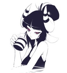 Rule 34 | 1girl, animal ears, bad id, bad tumblr id, coffee, horns, monochrome, obj shep, original, sheep ears, sheep girl, sheep horns, solo, striped