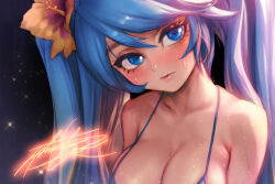 Rule 34 | 1girl, bare shoulders, bikini, blue bikini, blue eyes, blue hair, blush, breasts, cleavage, close-up, closed mouth, collarbone, commentary, flower, hair between eyes, hair flower, hair ornament, large breasts, league of legends, long hair, phantom ix row, signature, solo, sona (league of legends), sweat, sweatdrop, swimsuit, upper body, very long hair