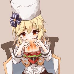 Rule 34 | 1girl, blonde hair, blush, bread, brown background, center frills, chair, closed mouth, eating, food, frills, fur hat, girls&#039; frontline, hair between eyes, hands up, hat, highres, holding, holding food, long hair, long sleeves, matsuo (matuonoie), nagant revolver (girls&#039; frontline), on chair, red eyes, shirt, simple background, sitting, solo, white hat, white shirt