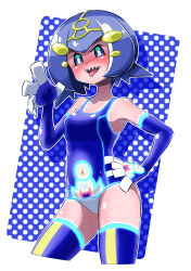 Rule 34 | 1girl, ball, bare shoulders, beachball, blue background, blue eyes, blue hair, blush, bright pupils, cosplay, covered navel, creatures (company), dotted background, elbow gloves, fumirumochigashin, game freak, gen 3 pokemon, gloves, glowing, glowing clothes, hand on own hip, highres, kyogre, lana (pokemon), legendary pokemon, looking at viewer, nintendo, one-piece swimsuit, one eye closed, open mouth, pokemon, pokemon (creature), pokemon sm, primal kyogre, primal kyogre (cosplay), sharp teeth, short hair, smile, solo, swimsuit, teeth, thighhighs, tiara, tongue, tongue out, white pupils