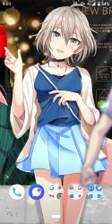 Rule 34 | 1girl, ahoge, anastasia (idolmaster), bag, battery indicator, black choker, blue bag, blue eyes, blue shirt, blue skirt, blurry, blurry foreground, blush, breasts, cardigan, choker, cleavage, collarbone, commentary request, extra, eyelashes, fake screenshot, google, google chrome, google maps, google play, grey hair, hair between eyes, hand up, highres, holding strap, idolmaster, idolmaster cinderella girls, lipstick, looking at viewer, makeup, medium breasts, messy hair, open cardigan, open clothes, open mouth, outdoors, pixiv logo, popon ta, shirt, short hair, shoulder bag, skirt, smile, text background, thighs, twitter logo, wide sleeves