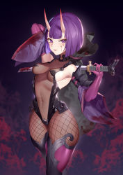 Rule 34 | 1girl, absurdres, blood, blood on clothes, blood on face, blush, bob cut, breasts, cleavage, elbow gloves, fangs, fate/grand order, fate (series), fishnet pantyhose, fishnets, gloves, highres, horns, jingb dx, katana, leotard, medium breasts, oni, pantyhose, purple eyes, purple hair, see-through, see-through cleavage, short eyebrows, shuten douji (fate), sideboob, skin-covered horns, smile, solo, sword, taimanin (series), thick thighs, thighhighs, thighs, tongue, tongue out, weapon