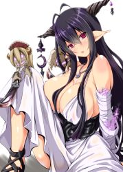 Rule 34 | 10s, 1girl, antenna hair, bandages, bare shoulders, black hair, breasts, danua, draph, granblue fantasy, gretel (granblue fantasy), hansel (granblue fantasy), horns, huge breasts, kimura neito, long hair, looking at viewer, pointy ears, red eyes, simple background, solo, white background