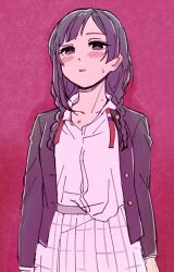 Rule 34 | 1girl, bite mark, black hair, blush, braid, collarbone, commentary, grey eyes, hair over shoulder, half-closed eyes, highres, jacket, long hair, looking at viewer, looking down, loose neck ribbon, love live!, love live! nijigasaki high school idol club, low twin braids, messy hair, nakagawa nana, nijigasaki school uniform, open clothes, open jacket, parted lips, partially unbuttoned, red background, school uniform, solllolll, solo, sweat, twin braids
