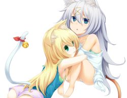 Rule 34 | 2girls, :o, animal ears, barefoot, bathroom, bell, blonde hair, blue eyes, cat ears, cat tail, green eyes, highres, long hair, mouth hold, multiple girls, original, panties, short shorts, shorts, silver hair, simple background, sitting, sorano (12gou), tail, tail bell, tail ornament, underwear, white background, white panties