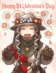 Rule 34 | 1girl, armor, brown gloves, brown hair, closed eyes, english text, flora sister (ironlily), flower, gloves, happy valentine, head wreath, helmet, highres, ironlily, jewelry, long hair, looking at viewer, necklace, open mouth, ordo mediare sisters (ironlily), red flower, simple background, twintails, upper body