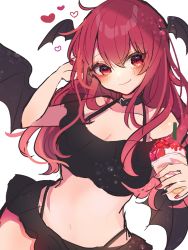 Rule 34 | 1girl, alternate costume, bare shoulders, bikini, black bikini, black choker, breasts, chikuwa (tikuwaumai ), choker, cleavage, closed mouth, collarbone, commentary request, crop top, cup, drinking straw, food, frappuccino, fruit, hair between eyes, hand in own hair, hand up, head wings, heart, heart choker, highres, holding, holding cup, koakuma, large breasts, long hair, looking at viewer, multicolored nails, nail polish, no navel, off-shoulder bikini, off shoulder, red eyes, red hair, simple background, smile, solo, strawberry, swimsuit, touhou, upper body, white background, wings