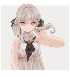 Rule 34 | 1girl, bare shoulders, black bow, blue nails, border, bow, ciel (paradis47), closed mouth, dress, earrings, fingernails, grey background, grey dress, grey eyes, grey hair, hair bow, hair ribbon, holding, jewelry, long hair, looking at viewer, nail polish, original, ribbon, simple background, solo, striped, striped bow, twintails, white border