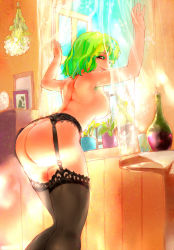 Rule 34 | 1girl, arched back, armpit hair, arms up, ass, back, black thighhighs, bottomless, breasts, commentary request, convenient censoring, cowboy shot, cup, curtains, day, drinking glass, from side, garter belt, green hair, half-closed eyes, highres, hip focus, indoors, kazami yuuka, konpasu, leaning forward, light censor, light smile, lips, looking at viewer, looking back, nipples, nude, open window, picture frame, red eyes, short hair, shoulder blades, smile, solo, standing, sunlight, table, thighhighs, topless, touhou, underwear, wide hips, window