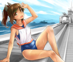 Rule 34 | 10s, 1girl, brown eyes, brown hair, cannon, hair ornament, historical name connection, i-400-class-submarine, i-401, i-401 (kancolle), kantai collection, looking at viewer, military, military vehicle, mother ship, name connection, okitakung, open mouth, personification, ponytail, school swimsuit, ship, shirt, silver hair, sitting, solo, submarine, submarine aircraft carrier, sweat, swimsuit, swimsuit under clothes, water, watercraft