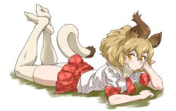 Rule 34 | 1girl, animal ear fluff, animal ears, blonde hair, brown hair, elbow rest, feet up, full body, fur collar, hair between eyes, highres, kemono friends, lion (kemono friends), lion ears, lion tail, looking at viewer, lying, multicolored hair, necktie, no shoes, on stomach, orange eyes, plaid, plaid necktie, plaid neckwear, plaid skirt, plaid trim, shirt, short hair, short sleeves, simple background, skirt, solo, tail, tanabe (fueisei), the pose, thighhighs, two-tone hair, white background, white shirt, white thighhighs