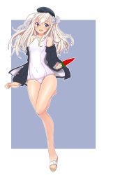 Rule 34 | 1girl, absurdres, black jacket, blonde hair, blue eyes, border, food, full body, garrison cap, grey background, hat, highres, jacket, kantai collection, long hair, nitamako (sakamalh), one-piece swimsuit, one-piece tan, popsicle, sandals, school swimsuit, solo, standing, swimsuit, swimsuit under clothes, tan, tanline, two-tone background, u-511 (kancolle), watermelon bar, white border, white one-piece swimsuit