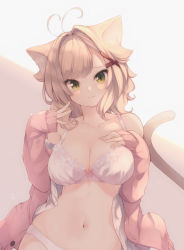 Rule 34 | 1girl, animal ear fluff, animal ears, bare shoulders, blush, bow, bow bra, bra, breasts, cardigan, cat ears, cat girl, cat tail, cleavage, closed mouth, collarbone, commentary request, dress shirt, green eyes, hair ornament, light brown hair, long hair, looking at viewer, medium breasts, natsuki teru, navel, nekomiya ryuu, off shoulder, open cardigan, open clothes, open shirt, original, panties, pink bra, pink cardigan, pink panties, shirt, skindentation, slit pupils, smile, solo, tail, tail raised, underwear, white shirt