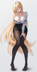 Rule 34 | 1girl, azur lane, black choker, black pantyhose, black skirt, blonde hair, blush, breasts, choker, cleavage, collarbone, covered navel, dress shirt, feet, full body, grey background, hair between eyes, hand on own thigh, highres, implacable (azur lane), implacable (shepherd of the &quot;lost&quot;) (azur lane), large breasts, legs, long hair, long sleeves, no shoes, off shoulder, official alternate costume, pantyhose, red eyes, ropi (yyuichi29), shirt, simple background, skirt, solo, thighs, very long hair, wet, wet clothes, wet shirt, white shirt